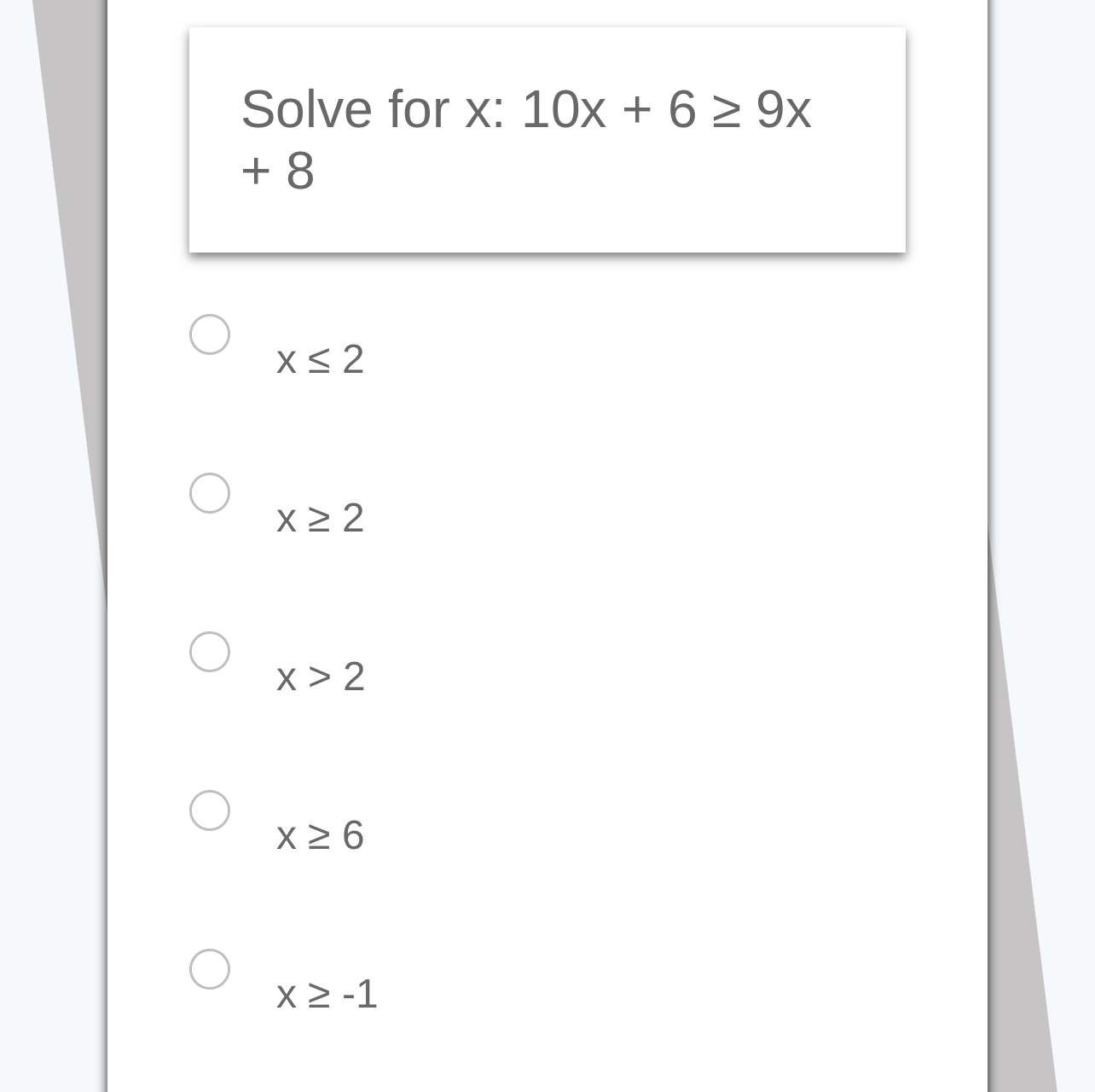 Solved Solve for x ﻿: 10x+6≥9x+8x≤2x≥2x>2x≥6x≥-1 | Chegg.com