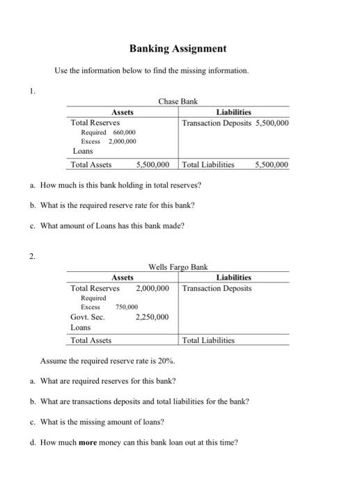 Solved Banking Assignment Use the information below to find | Chegg.com