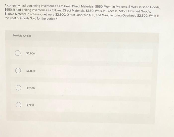 Solved A company had beginning inventories as follows