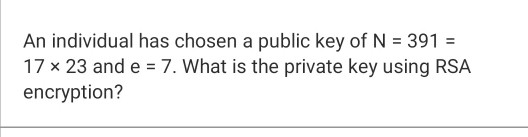 Solved An individual has chosen a public key of N = 391 = 17 | Chegg.com
