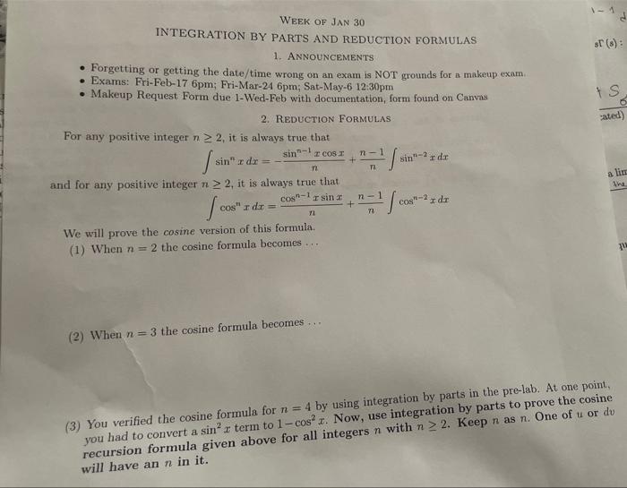 Solved WEEK OF JAN 30 INTEGRATION BY PARTS AND REDUCTION | Chegg.com