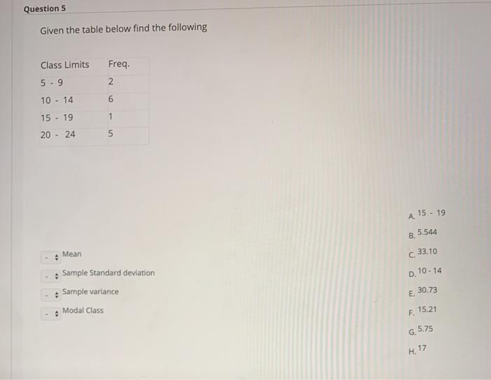 Solved Question 5 Given the table below find the following | Chegg.com