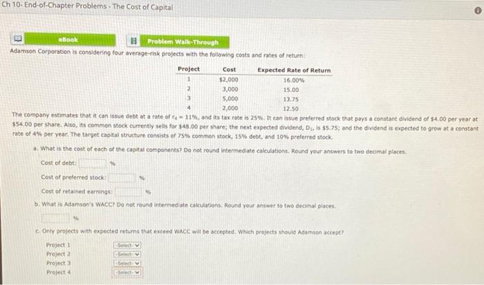 Solved Ch 10- End-of-Chapter Problems - The Cost of Capital | Chegg.com