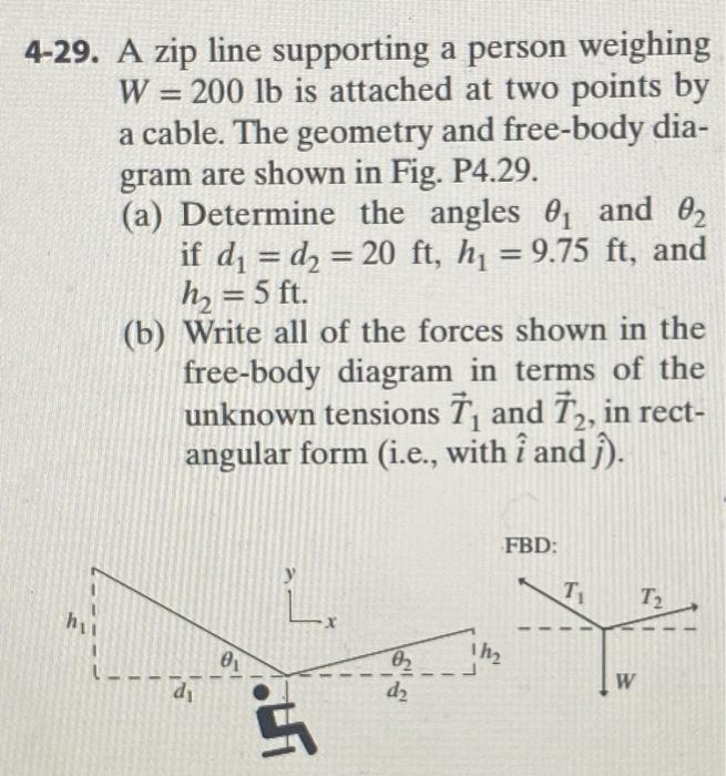Solved 4-29. A zip line supporting a person weighing W = 200 | Chegg.com