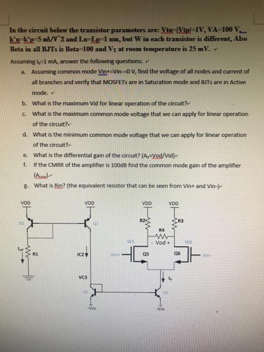 In The Circuit Below The Transistor Parameters Are Chegg Com