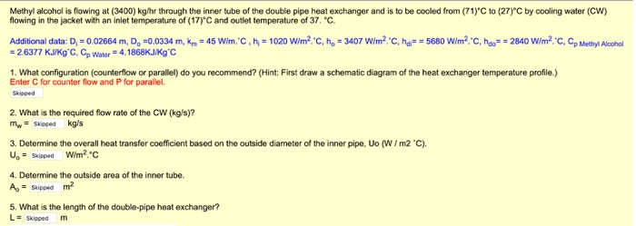 Solved Methyl alcohol is flowing at (3400) kg/hr through the | Chegg.com