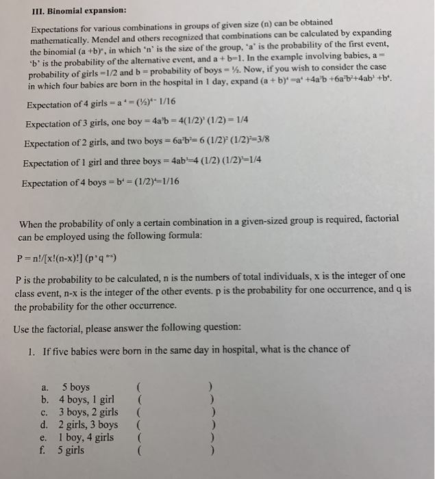 Solved Iii Binomial Expansion Expectations For Various Chegg Com Solved Iii Binomial Expansion Expectations For Various Chegg Com