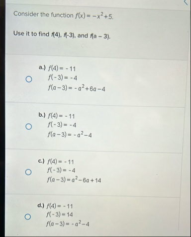 Solved Consider the function f(x)=-x2 5.Use it to find | Chegg.com