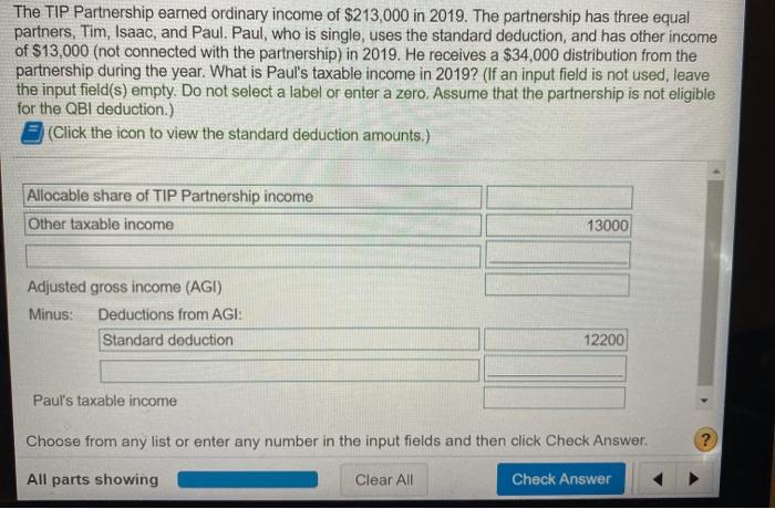 Solved The TIP Partnership earned ordinary income of | Chegg.com