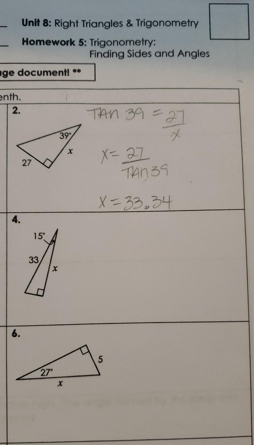 unit 8 intro to trigonometry corrective assignment