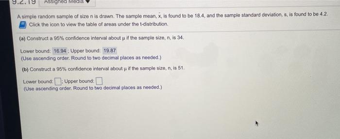 Solved 9.2.19 Assigned A simple random sample of size n is | Chegg.com