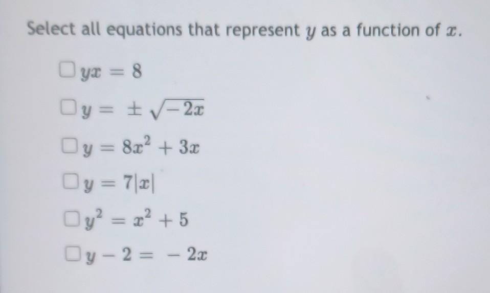 Solved Select all equations that represent y as a function | Chegg.com