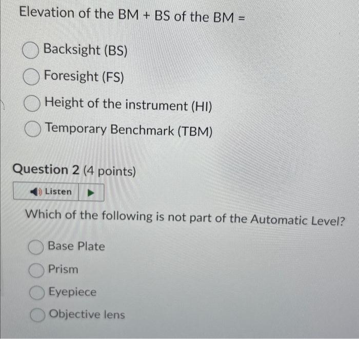 Solved Elevation Of The BM+BS Of The BM= Backsight (BS) | Chegg.com