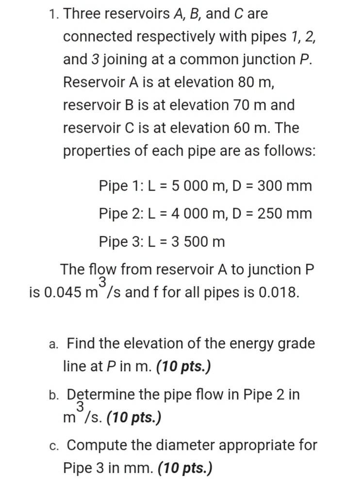 Solved 1. Three Reservoirs A, B, And Care Connected | Chegg.com