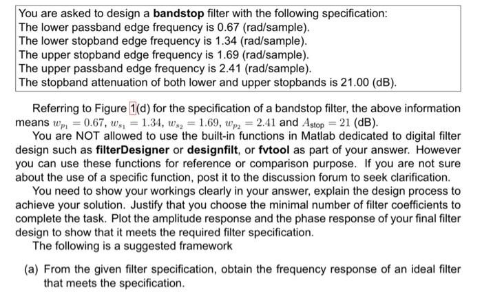 You are asked to design a bandstop filter with the | Chegg.com