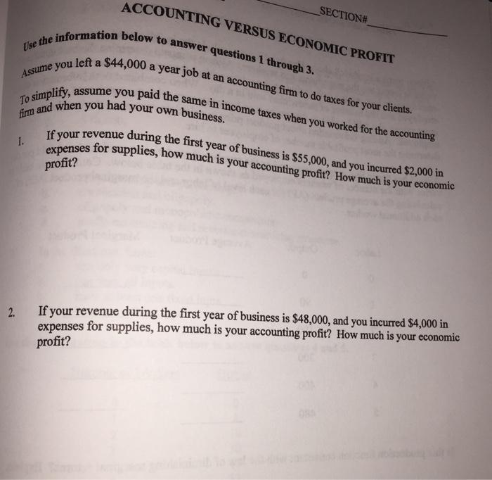 Solved ACCOUNTING VERSUS ECONOMIC PROFIT SECTION Use the | Chegg.com