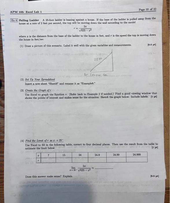 Solved APM 105 Excel Lab 1 Ex 8 Falling Ladder A 25 foot Chegg