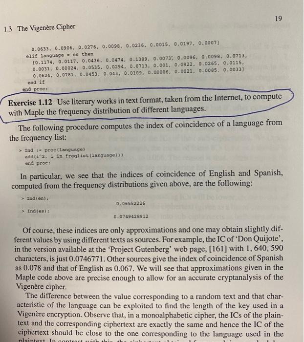 1.3 The Vigenère Cipher 19 0.0633, 0.0906, 0.0276, | Chegg.com
