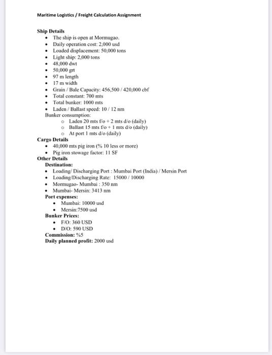 Maritime Logistics / Freight Cakulation Assignment | Chegg.com
