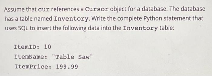 Solved Assume that cur references a Cursor object for a | Chegg.com