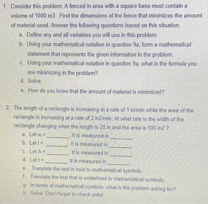 Solved 1. Consider this problem: A fenced in area with a | Chegg.com