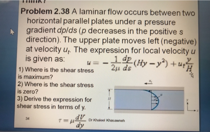 Solved Problem 2.38 A laminar flow occurs between two | Chegg.com