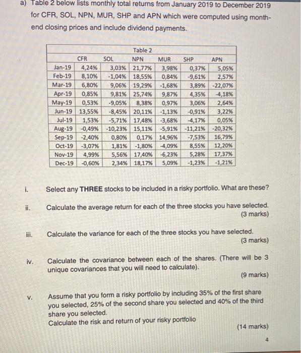 Solved a) Table 2 below lists monthly total returns from | Chegg.com