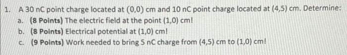 Solved 1. A 30 nC point charge located at (0,0) cm and 10 nC | Chegg.com