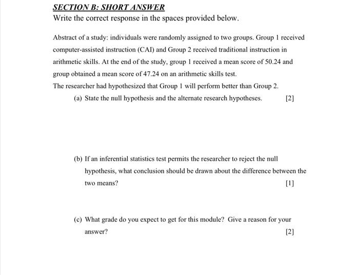 Solved SECTION B: SHORT ANSWER Write the correct response in | Chegg.com