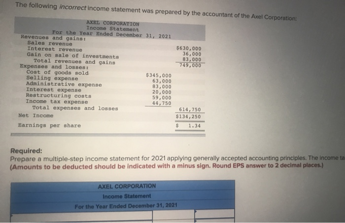 Solved The following incorrect income statement was prepared | Chegg.com