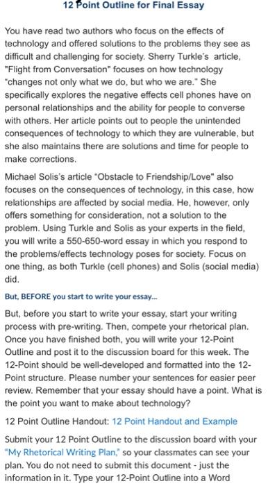 12 Point Outline for Final Essay You have read two | Chegg.com