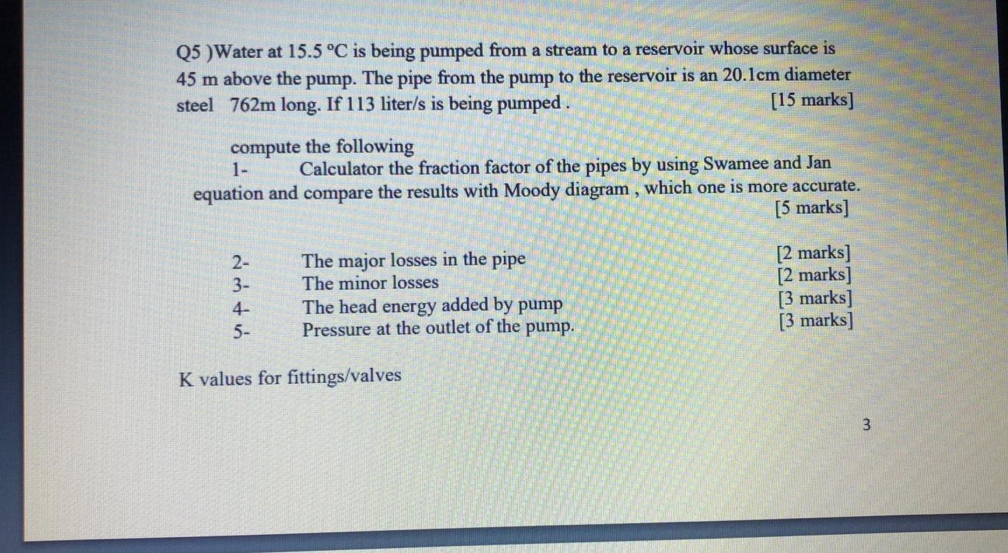 Solved Q5 ) Water at 15.5 °C is being pumped from a stream | Chegg.com