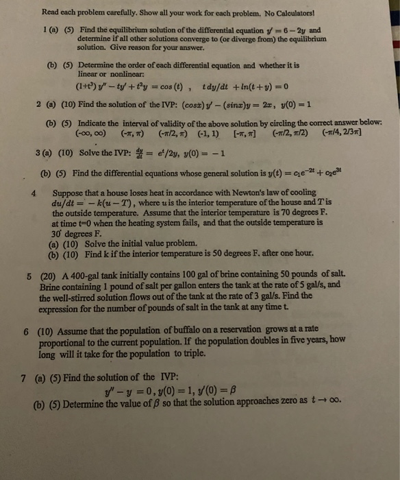 Solved Read each problem carefully. Show all your work for | Chegg.com