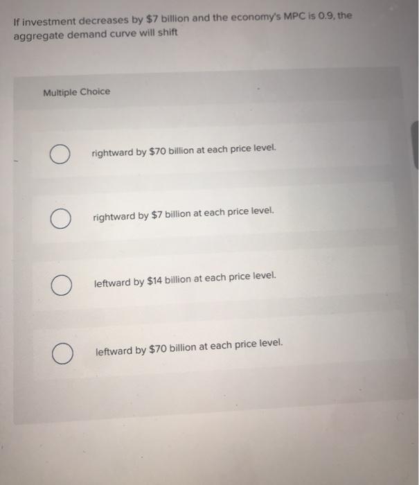 Solved If investment decreases by 7 billion and the