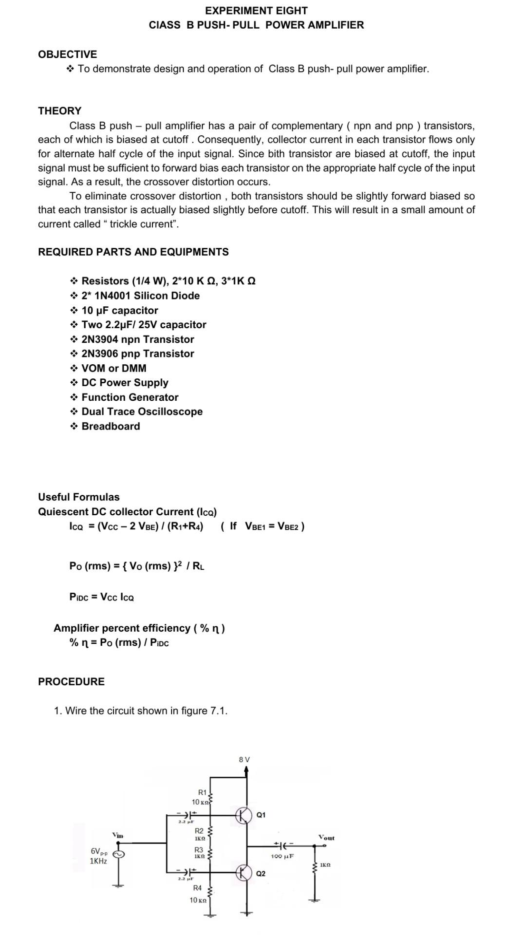 Solved EXPERIMENT EIGHT CIASS B PUSH-PULL POWER AMPLIFIER | Chegg.com