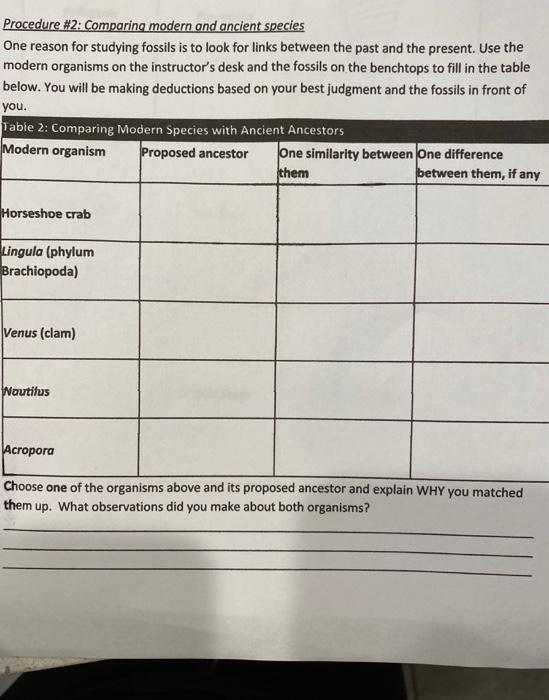 Procedure #2: Comparing modern and ancient species | Chegg.com
