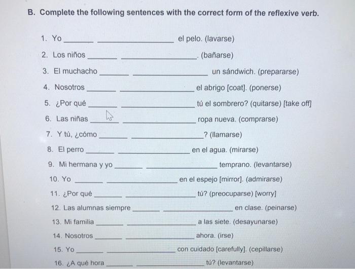 Solved B. Complete the following sentences with the correct | Chegg.com