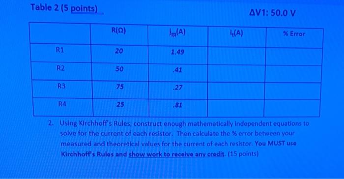 Solved Table 2 5 Points Δv1500 V 2 Using Kirchhoffs 8765