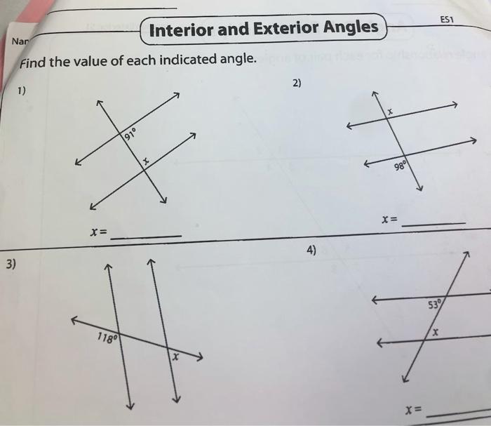 Solved ES1 Interior and Exterior Angles Nar Find the value | Chegg.com