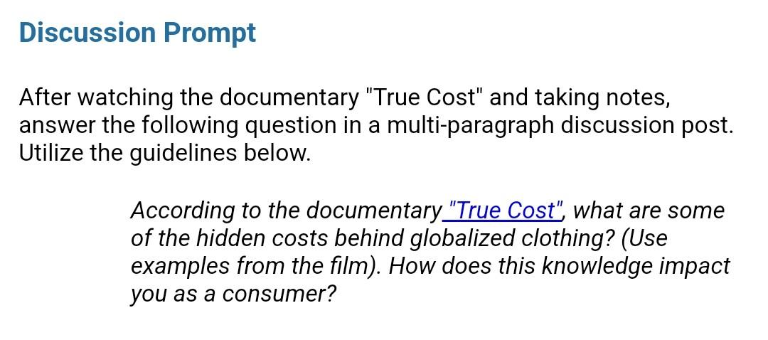 Solved Discussion Prompt After watching the documentary | Chegg.com