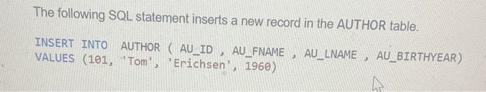 Solved The following SQL statement inserts a new record in | Chegg.com