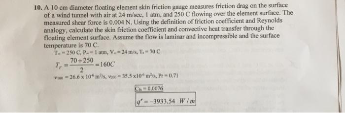 Solved 10. A 10 cm diameter floating element skin friction | Chegg.com