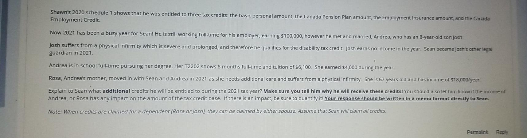 Shawn S 2020 Schedule 1 Shows That He Was Entitled To Chegg Com