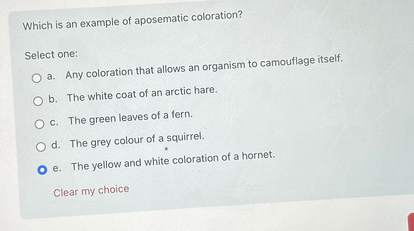 Solved Which is an example of aposematic coloration?Select | Chegg.com