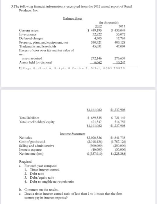 Solved 3. The following financial information is excerpted | Chegg.com