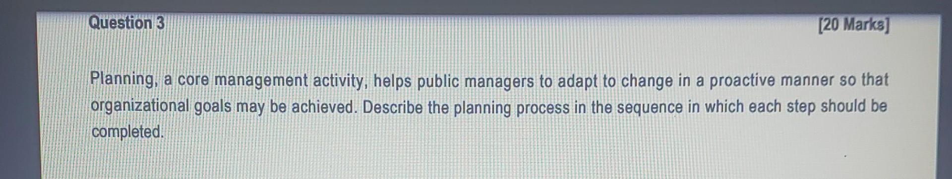 Solved Question 3 [20 Marks] Planning, a core management | Chegg.com