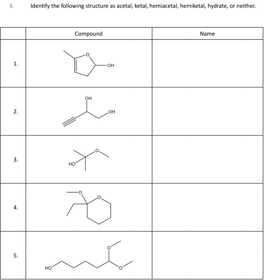 Solved 1. Identifv the following structure as acetal ketal | Chegg.com