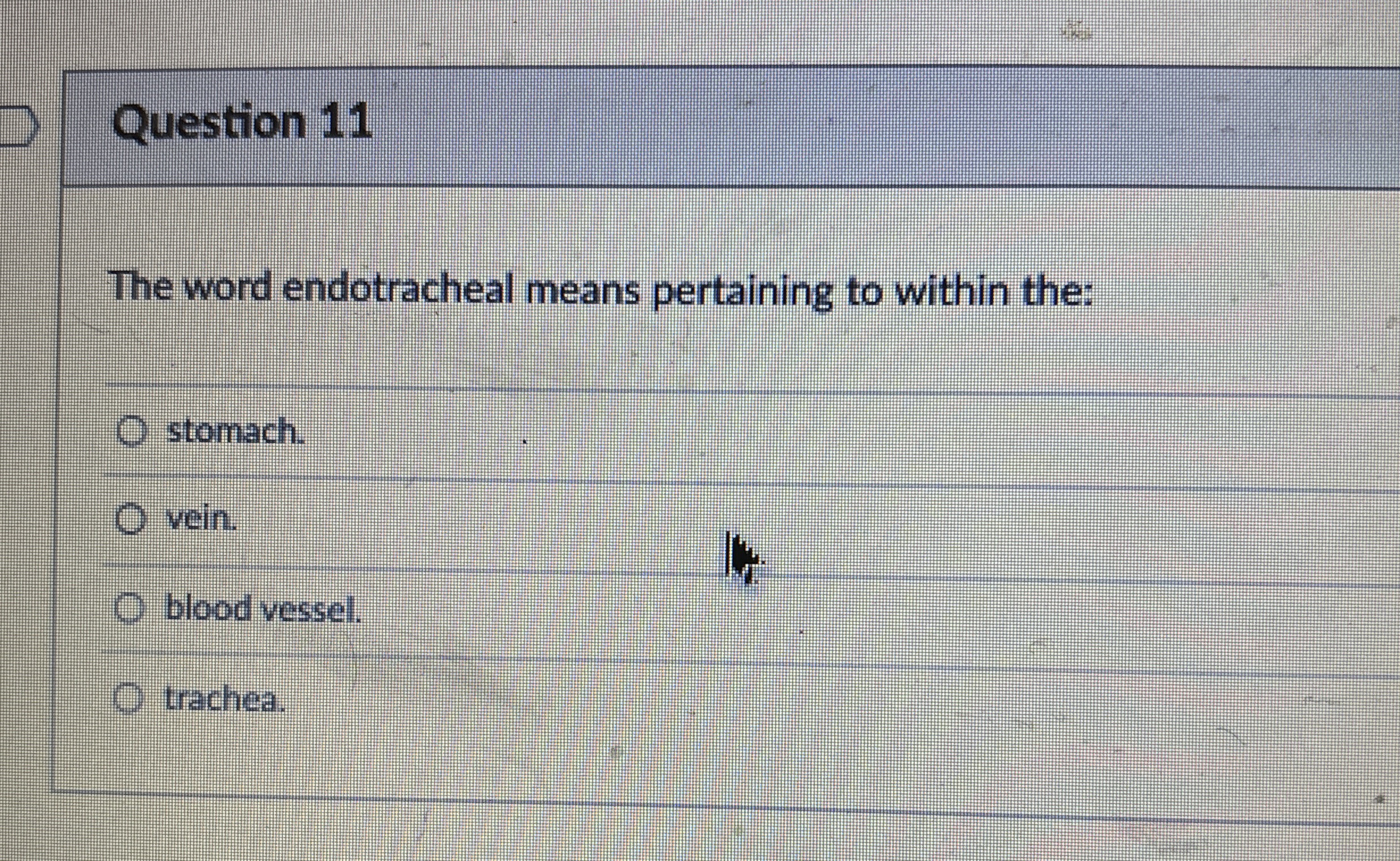 Solved Question 11The word endotracheal means pertaining to
