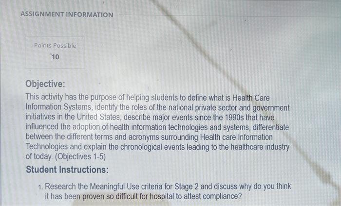 Solved ASSIGNMENT INFORMATION Points Possible 10 Objective: | Chegg.com