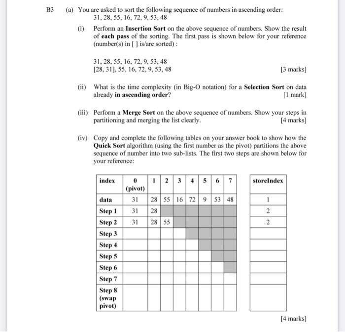 Solved B3 (a) You are asked to sort the following sequence | Chegg.com